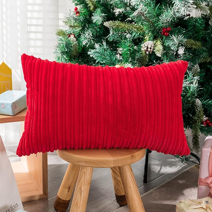UGASA Christmas Decor Pillow Covers Velvet Striped Pillow Cover Lumbar Cushion Case for Lumbar, 1 Piece, 12x20-inch (30x50cm),Red