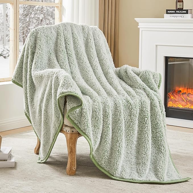 EMME Soft Sherpa Fleece Blanket Reversible Plush Fluffy Large Blanket, Light Weight Warm Decorative Boho Blanket Cover for Sofa, Couch, Bedroom,Travel(Plush Sage,60"x80")
