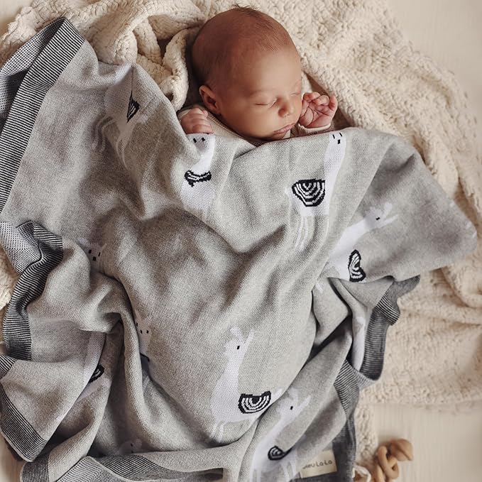 Knit Baby Swaddle Blanket - 100% Luxury Cotton Soft Cozy Receiving Swaddle Crib Stroller Blanket for Shower Gift Registry for Newborns, Infants, Toddlers (Llama - Grey)