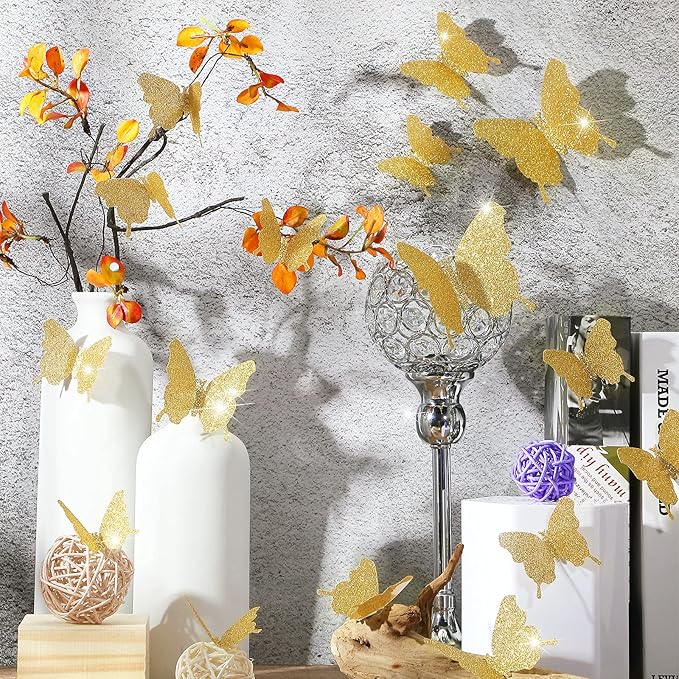 BBTO 48 Pieces Butterfly Wall Decor DIY 3D Mirror Butterfly Stickers Removable Decals Crafts for Birthday Party Bedroom School Bathroom Living Room Decor(Glitter Gold)