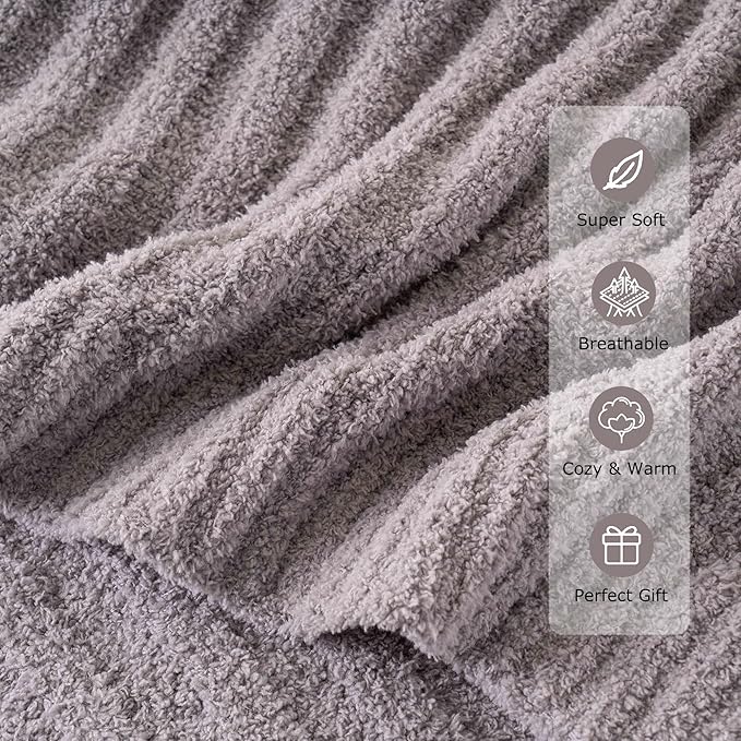 BATTILO Throw Blanket for Couch, Fluffy Soft Plush Grey Chenille Blankets, Cozy Warm Lightweight Blanket for Bed, Sofa, Light Gray, 50"x60"