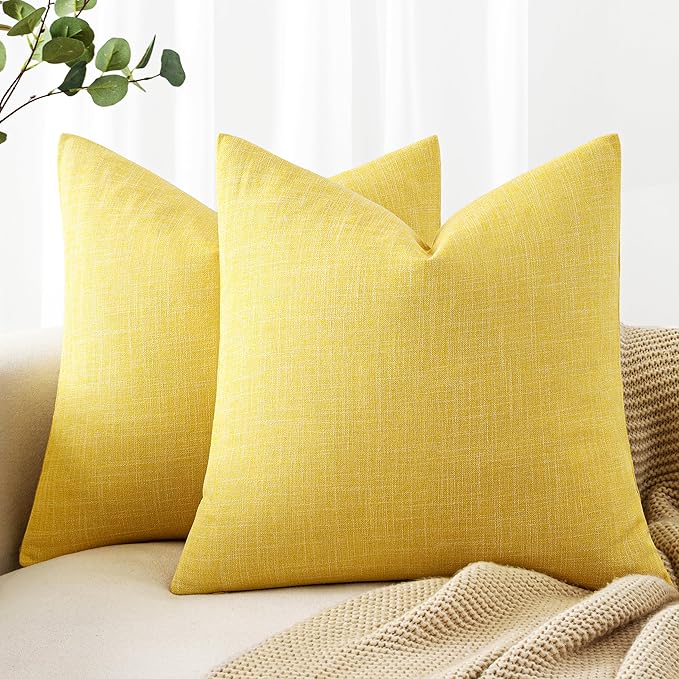 MIULEE Pack of 2 Decorative Linen Burlap Textured Pillow Covers Farmhouse Boho Accent Pillowcases Spring Home Decor for Couch Sofa Bedroom Living Room 20x20 Inch Yellow