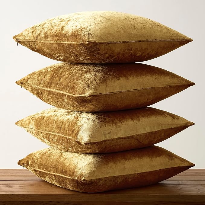 GIGIZAZA Pack of 4 Gold Pillow Covers,16x16 Velvet Throw Pillows Soft Covers Decorative Luxury Couch Square Pillow Covers Modern Living Room Cushion Covers
