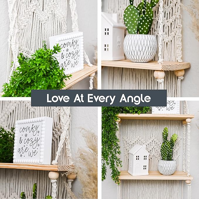 SnugLife 2 Tier Macrame Wall Hanging Shelf with Woven Rope - Boho Pine Wood Shelves for Plants, Bathroom, Kitchen