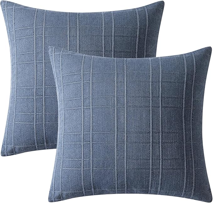 MIULEE Decorative Linen Check Euro Shams Throw Pillow Covers Neutral Farmhouse Vintage Pillow Covers 28x28 Set of 2 Boho Modern Home Decor for Sofa Couch Bedroom Cushion Blue