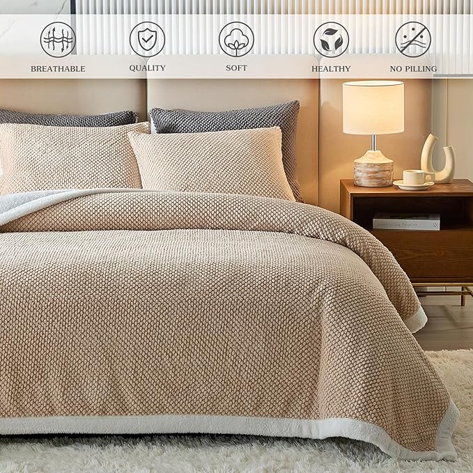 Luxury Flannel Fleece Sherpa Blankets Queen Size for Bed, Jacquard Boho 3-Layer Thick and Warm Blanket for Winter, Soft Cozy Fuzzy Plush Velvet Blanket with 2 Pillow Cases, Khaki, 88x88 Inches