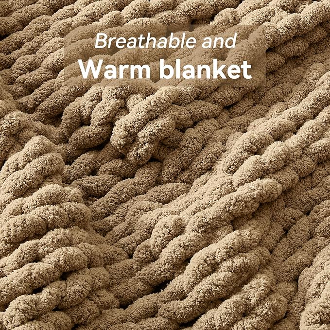 Chunky Knit Throw Blanket, 80''*90'' Knitted Throw Chenille Yarn for Bed Couch, Handmade Light Brown Crochet Big Thick Blanket, Machine Washable Cute Comfy Blanket for Home Decor
