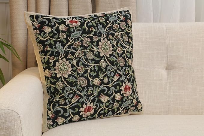 C Charlotte Home Furnishings Inc Fleur De Morris Black Belgian Cushion Cover - 16 in. x 16 in. Cotton/Viscose/Polyester by William Morris