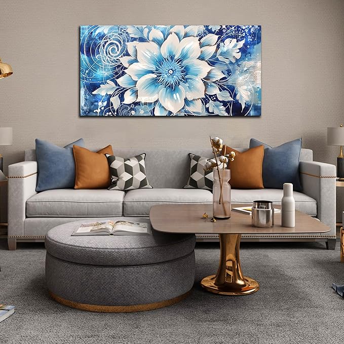 Flower Picture Wall Decor for Bedroom Large Blue Flower Canvas Wall Art for Office Framed Floral Wall Art for Living Room Ready To Hang Size 40 x 20 Inch