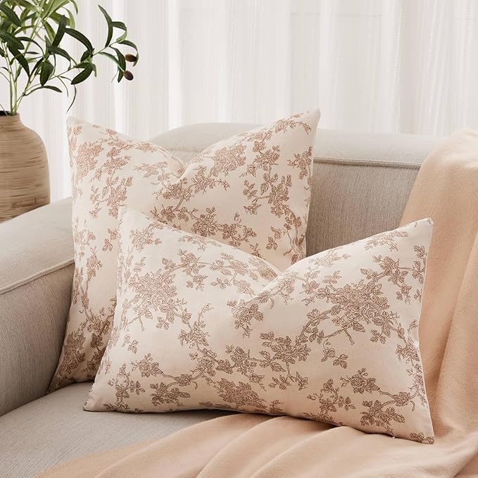 100% Cotton French Pastoral Lumbar Throw Pillow Covers Set of 2, 12x20 Inch Brown Farmhouse Decorative Cushion Covers for Sofa Bed Living Room Home Decor