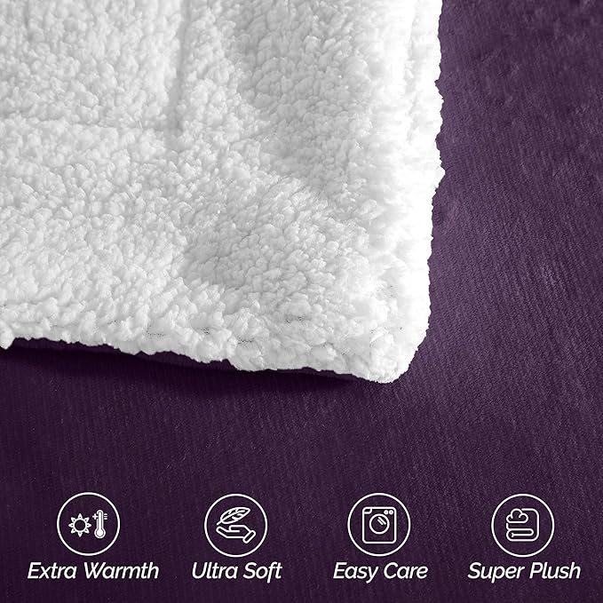Elegant Comfort Ultra Soft Reversible Flannel Sherpa Blanket - Cozy Silky Fleece Throw for Couch, Bed - Plush Fuzzy Warm Winter Blanket for Gift, King, Purple