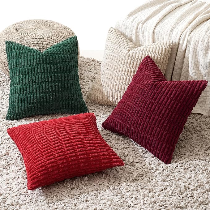 MIULEE Pack of 4 Christmas Boho Farmhouse Red and Green Corduroy Decorative Throw Pillow Covers 18x18 Inch Retro Soft Striped Pillow Covers Home Decor for Sofa Living Room Couch Bed