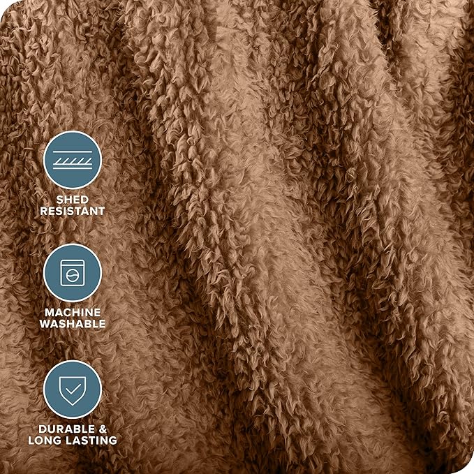Bare Home Faux Shearling Blanket - Blanket for Bed, Sofa, Couch, Camping, Travel, and Gifts - Warm & Lightweight Throw - Fluffy & Soft (Twin/Twin XL, Solid Teddy Bear Brown)