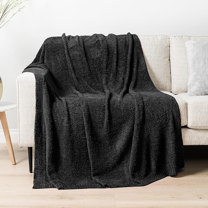 PAVILIA Super Soft Throw Blanket for Couch, Fluffy Cozy Lightweight Black Blanket, Large Fuzzy Warm Knit Blanket for Bed Sofa, 60x80