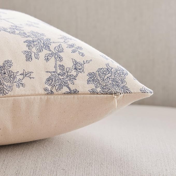 100% Cotton French Pastoral Throw Pillow Covers Set of 2, 18x18 Inch Blue Farmhouse Decorative Cushion Covers for Sofa Bed Living Room Home Decor
