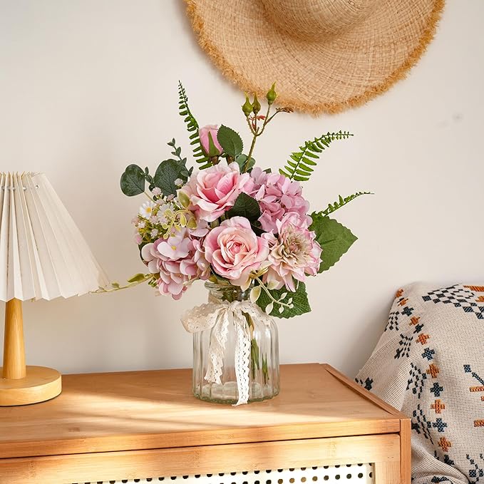 LUEUR Fake Flowers with Vase – Artificial Pink Dahlia & Hydrangea Arrangement, Spring Floral Centerpiece for Coffee Table, Dining Room, Living Room & Farmhouse Home Decor