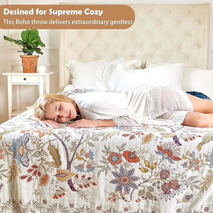 Boho Throw Blanket, 100% Organic Cotton Breathable Skin-Friendly Ultra Soft Bed Quilt Throw - All Season Floral Farmhouse Décor Luxury Blanket for Sofa Couch Chair and Gift. 91" x 98"