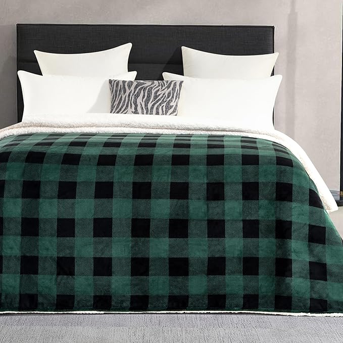 Elegant Comfort Ultra Soft Reversible Buffalo Plaid Flannel Sherpa Blanket - Cozy Silky Checkered Fleece Throw for Couch, Bed - Plush Fuzzy Warm Winter Blanket for Gift, Twin XL, Green