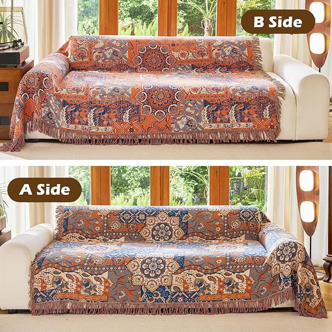 Boho Throw Blanket for Bed Couch 80" x 90", 100% Organic Cotton Skin-Friendly Ultra Soft Quilt Throw - Floral Rustic Living Room Decor Luxury Reversible Blanket for Sofa Chair and Gift
