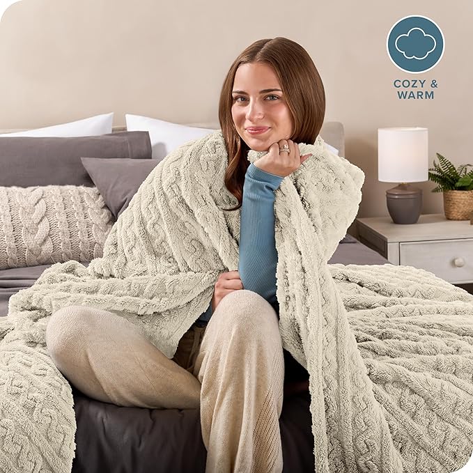 Bare Home Faux Shearling Blanket - Blanket for Bed, Sofa, Couch, Camping, Travel, and Gifts - Warm & Lightweight Throw - Fluffy & Soft (Twin/Twin XL, Cable Oyster)