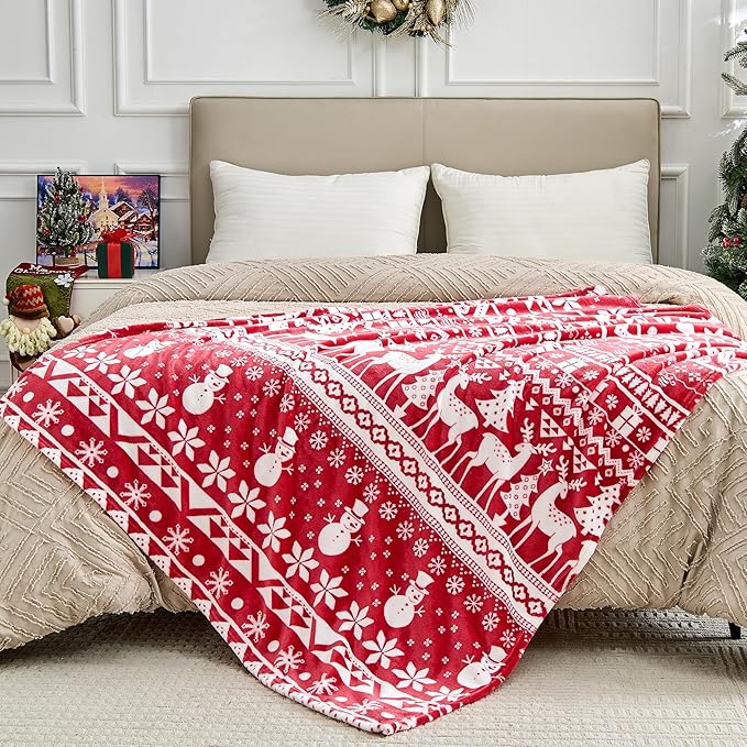Christmas Blanket Soft Cozy Fleece Throws with Snowman Snowflake Reindeer and Xmas Trees Print, Fuzzy Warm Christmas Throw Blanket for Couch Bed Holiday Decorations Gifts 60"x80" (Red)