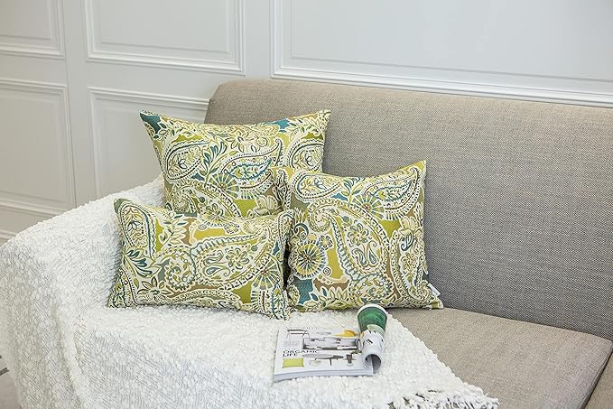 Mika Home Pack of 2 Throw Pillow Covers Decorative Pillow Shells for Sofa Couch, Paisley Pattern, 22x22 Inches,Green Brown Cream Multicolor