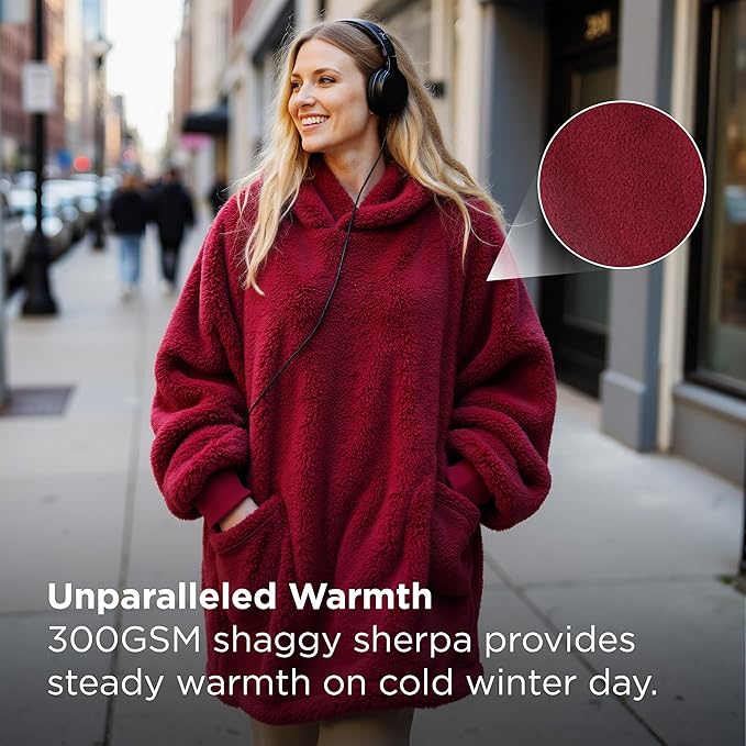 Bedsure Blanket Hoodie, Wearable Blanket Hoodie as Mothers Day, Birthday Gifts for Mom Women Men, Warm Cozy Giant Hoodie Blanket Sweatshirt for Adult Men Women, Dark Red, Oversize