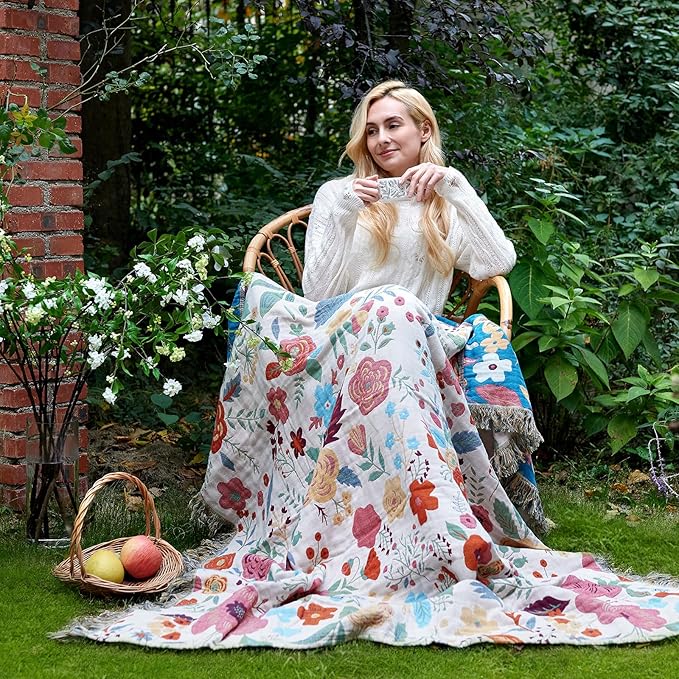 Boho Throw Blanket for Couch Sofa Chair Cotton Spring Blankets for Bedroom Living Room All Season Soft Lightweight Reversible Floral Embroidery Throws 50"x60" Bohemian Room Decor