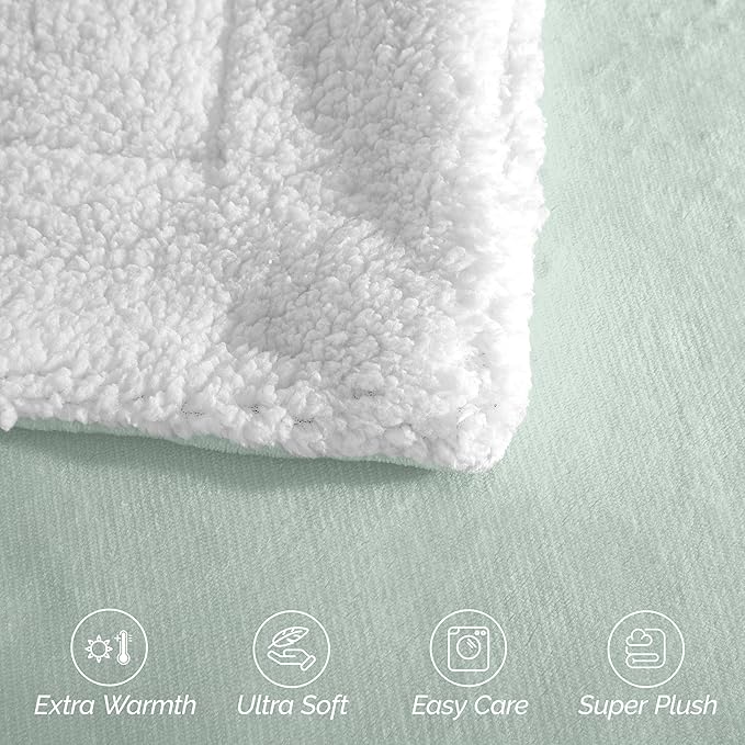 Elegant Comfort Ultra Soft Reversible Flannel Sherpa Blanket - Cozy Silky Fleece Throw for Couch, Bed - Plush Fuzzy Warm Winter Blanket for Gift, Queen, Mint Green