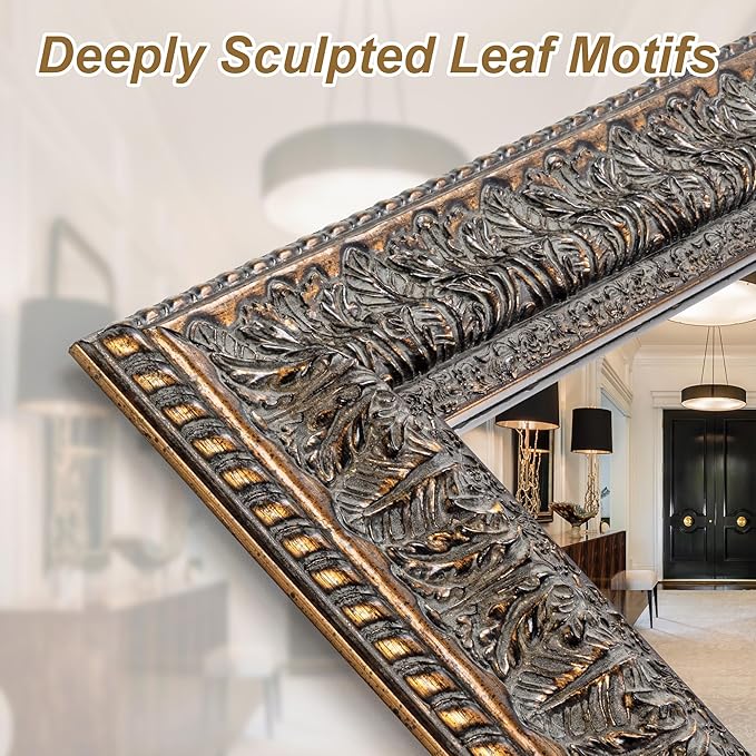Chende Vintage Mirror for Wall Decor, 37" L x 25" W Bronze Bathroom Mirror with Carved Wood Frame and Hand-Applied Clay-Like Texture, Horizontal/Vertical Hanging, Living Room, Entryway, Home Decor
