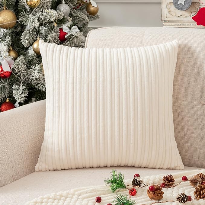 UGASA Decor Corduroy Striped Velvet Cushion Cover Velvet Pillow Covers for Sofa/Couch/Bedroom, 1 Pack, 20"x20"(50x50cm), Cream