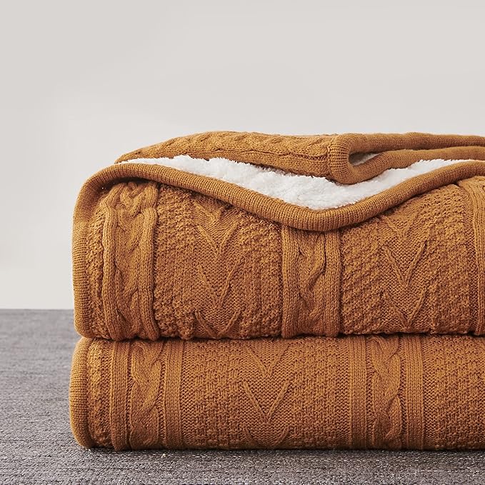 Longhui bedding Burnt Orange 50 x 63 Inches Acrylic Cable Knit Sherpa Throw Blanket - Thick, Soft, Big, Cozy Knitted Fleece Blankets for Couch, Sofa, Bed - Large Coverlet All Season