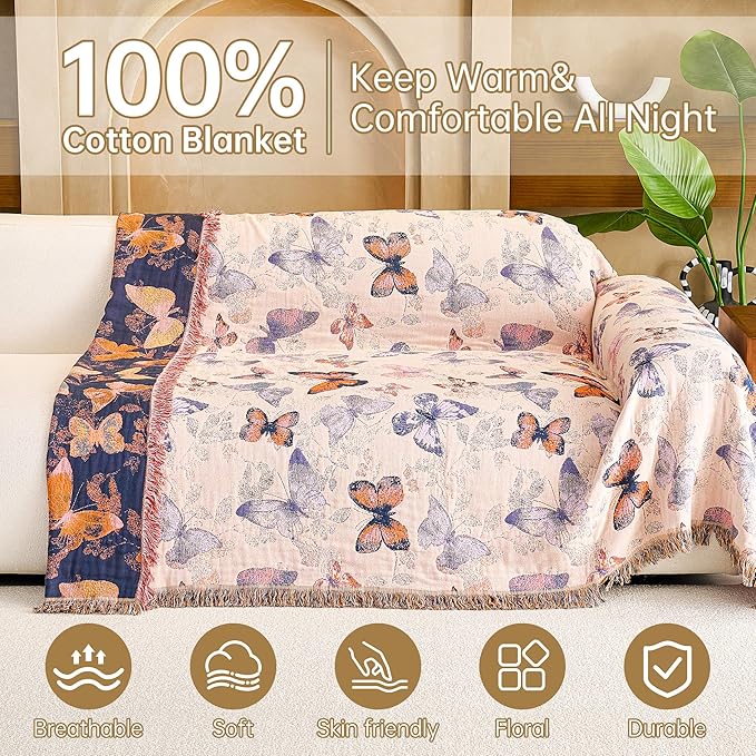 Boho Throw Blanket, 100% Organic Cotton Breathable Ultra Soft 60" x 80" Bed Quilt Throw - All Season Floral Rustic Farmhouse Decor Luxury Reversible Blanket for Sofa Couch Chair and Gift