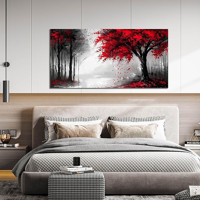 Large Canvas Wall Art for Living Room Black White and Red Forest Print Pictures Painting Framed Wall Decor for Bedroom Modern Home Plant Scenery Wall Decorations Artwork Size 30x60 Ready to Hang