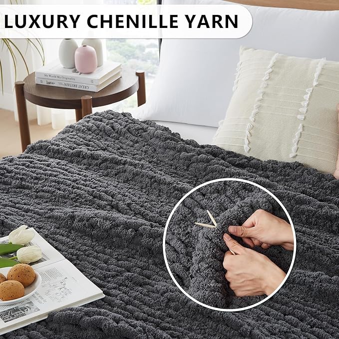 L'AGRATY Chunky Knit Blanket Throw: 72''x84'' Chenille Chunky Knitted Throw Blanket for Bed Couch - Handmade Thick Big Cable Knit Blanket - Large Crochet Blankets for Home Decor(Dark Grey)