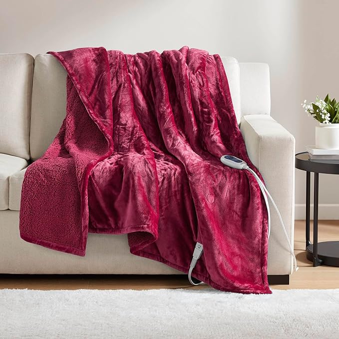 Beautyrest Heated Blanket, Electric Throw Blanket, Soft, Warm, Reversible Plush - Sherpa Heating Blanket Throw, 3 Heat Settings, 2 hr Auto Shut Off, Machine Washable, Oversized 60 in x 70 in, Red