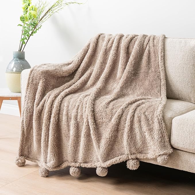 PAVILIA Taupe Sherpa Throw Blanket for Couch, Warm Plush Pom Pom Blanket Throw, Tan Fuzzy Sofa Throw, Lightweight Soft Cozy Fluffy Blanket with Pom Poms, Light Brown, 50x60