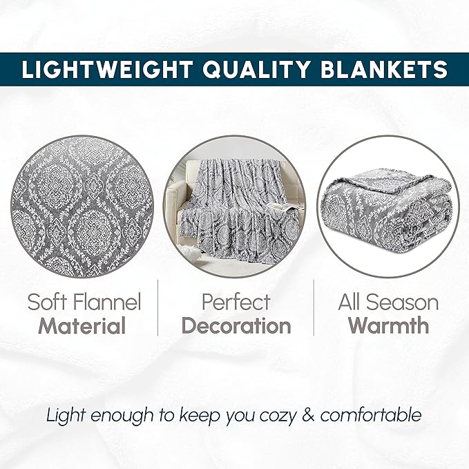 Elegant Comfort Ultra Soft Print Flannel Fleece Bed Blanket, Cozy-Fuzzy Lightweight Bedspread Coverlet, All Season Decorative Blanket for Couch, Sofa, Ogee Design, King Size, Gracey