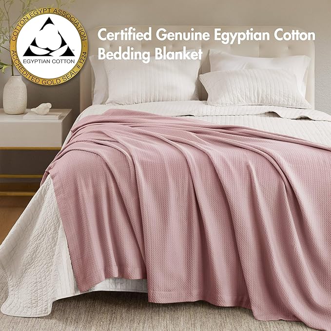 Madison Park 100% Egyptian Cotton Lightweight Summer Blanket, Breathable Waffle Knit Design, Soft Cozy All-Season Throw for Bed, Couch or Sofa, Rose Twin Size (66"x90")