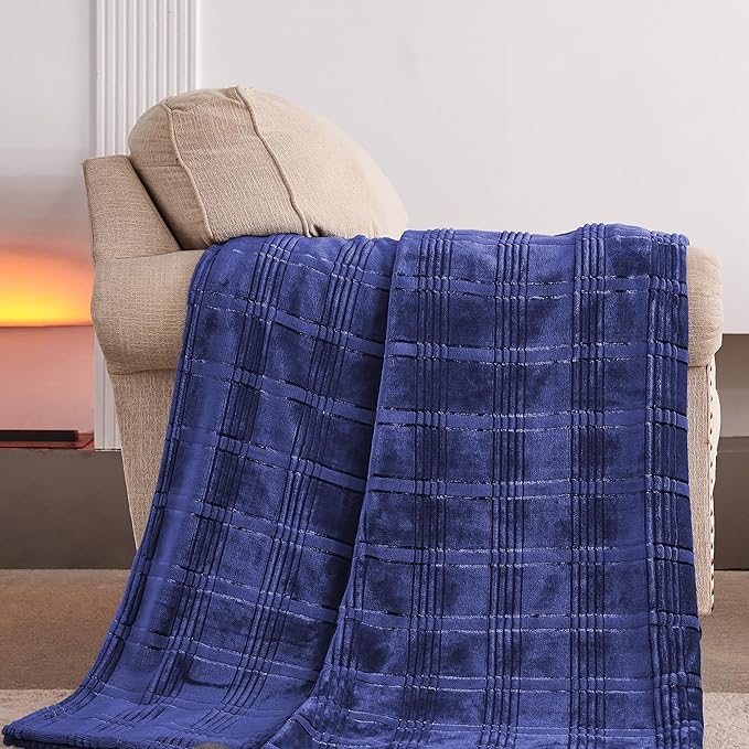 Super Soft Flannel Throw Blanket 50x60 Inches, Premium Checkered Jacquaed Silky Fleece Lightweight Bed Blanket All Season Use, Navy Blue Strip, 50"x60"