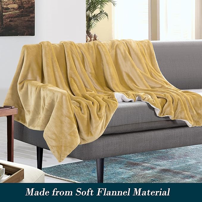 Mocassi Premium Ultra-Soft Flannel Fleece Sherpa Throw Blanket - Warm Cozy Reversible Plush Micromink Blanket for Couch, Bed and Sofa - Fluffy, Christmas Winter Bedding Gift, Full, Gold