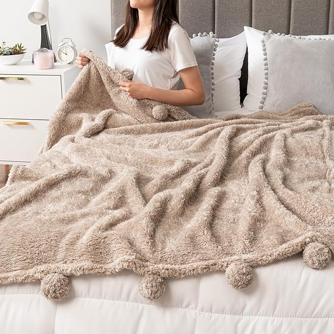 PAVILIA Taupe Sherpa Throw Blanket for Couch, Warm Plush Pom Pom Blanket Throw, Tan Fuzzy Sofa Throw, Lightweight Soft Cozy Fluffy Blanket with Pom Poms, Light Brown, 50x60