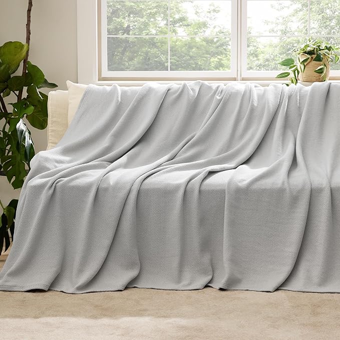 Bedsure GentleSoft 100% Cotton Blanket Twin XL Size for Bed - Breathable and Lightweight, Soft Cozy Textured Herringbone Woven Summer Blanket for College Dorm, Cool Grey, 66x90 inches