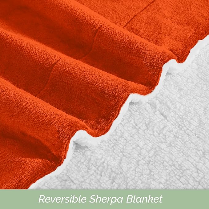 Elegant Comfort Ultra Soft Reversible Flannel Sherpa Blanket - Cozy Silky Fleece Throw for Couch, Bed - Plush Fuzzy Warm Winter Blanket for Gift, Full, Orange