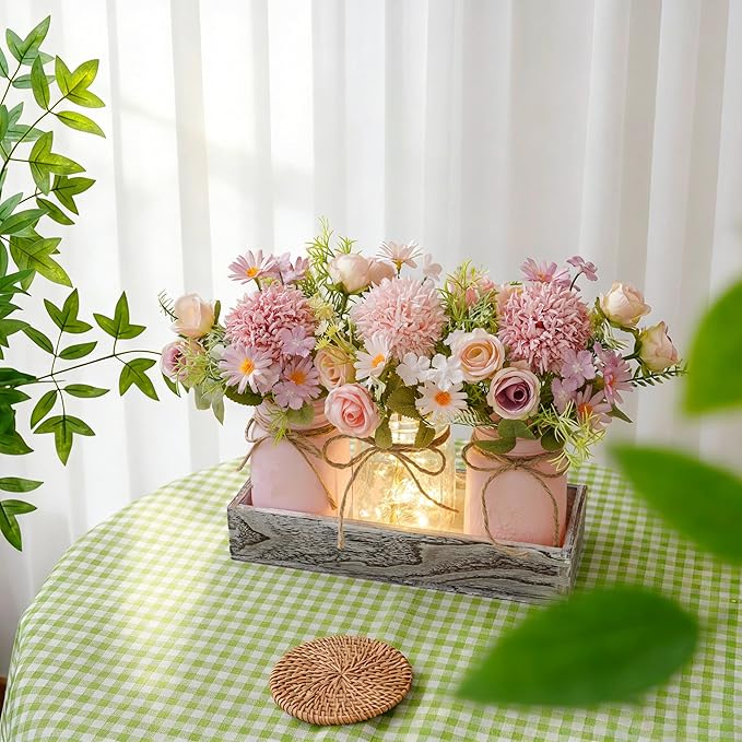 Mason Jar Lights Centerpiece Table Decor for Dining Room Farmhouse Wood Tray with 3 Jars Pink Flowers Valentines Day Decoration for Coffee Table Kitchen Living Room Wedding Spring Decoration