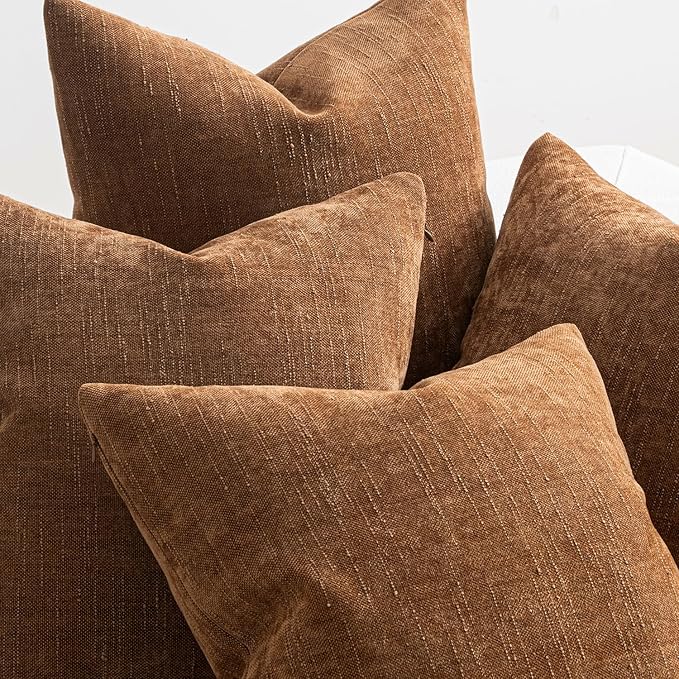 MIULEE Pack of 4 Decorative Throw Pillow Covers 18x18 Inch Camel Chenille Textured Throw Pillows Boho Farmhouse Accent Cushion Covers for Modern Home Decor Couch Sofa Bed Living Room