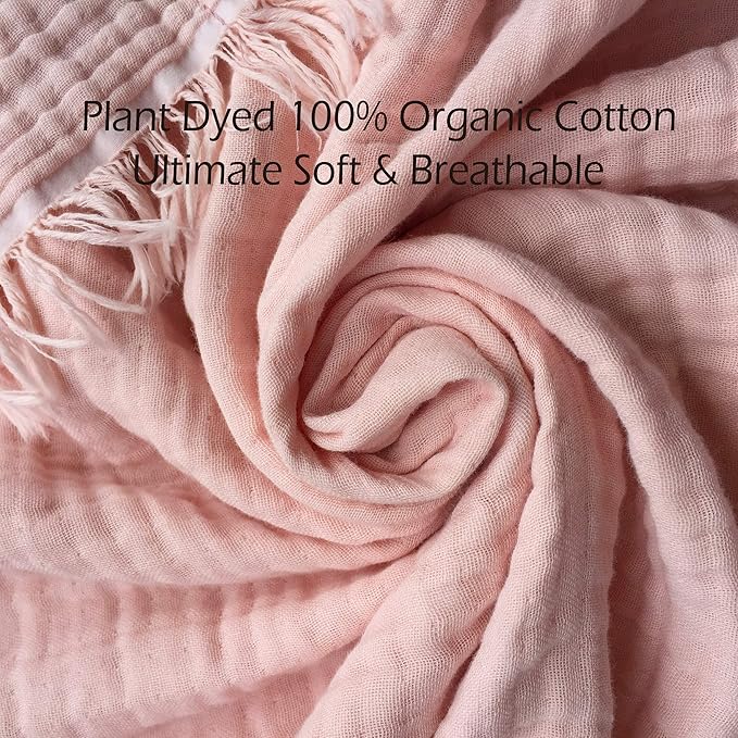 KyraHome 100% Organic Cotton Muslin Throw Blanket for Couch, Girls, Adults, Kids, 50"x60", Plant Dyed, Breathable Lightweight Soft Gauze Blanket, All Season (Soft Pink)
