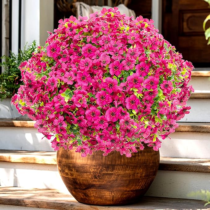 Artificial Flowers for Outdoors Fake Plants - 16 Bundles Faux Outside Greenery Boxwood No Fade Plastic Shrubs Fall Decor Farmhouse Home Garden Thanksgiving Mums (Red)