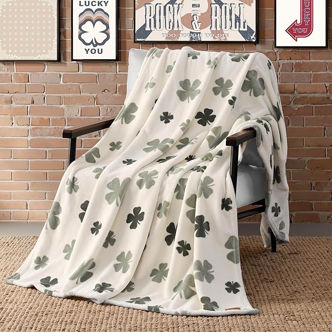 Lucky Brand 50" x 70" Plush Throw Blanket, Clover Toss Ivory Blanket for Sofa or Bed