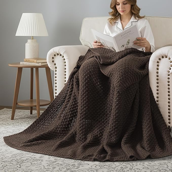 WDCOZY Chunky Cable Knit Throw Blanket Super Soft Warm Knitted Throw Blanket for Couch, Sofa, Chair, Bed Lightweight Breathable Cozy Comfortable Home Decorative Brown Chocolate Coffee 60x80 Inches